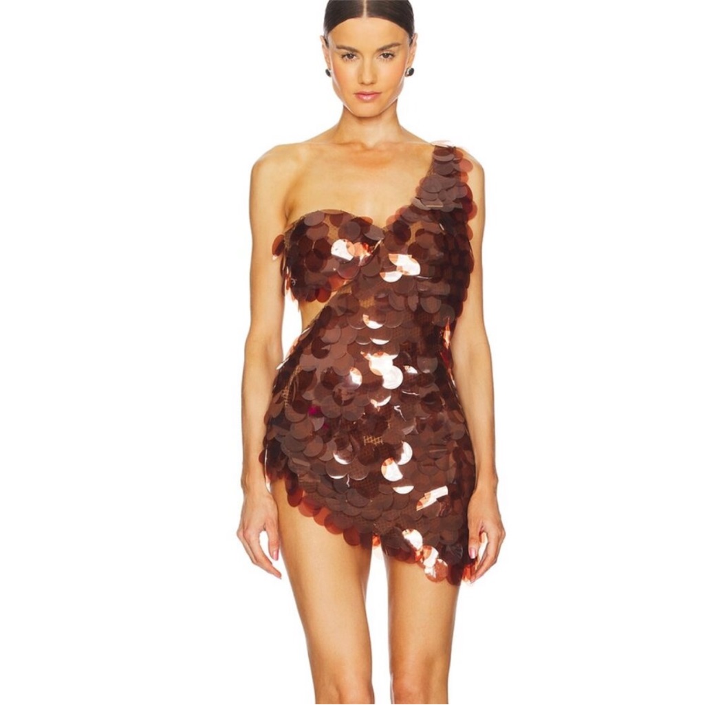 The Dolls House Gia Drape Mini Dress Set In Brown Copper Sequin Size Large $495